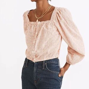 Madewell Puff-Sleeve Button-Front Crop Top in Embroidered Stripe